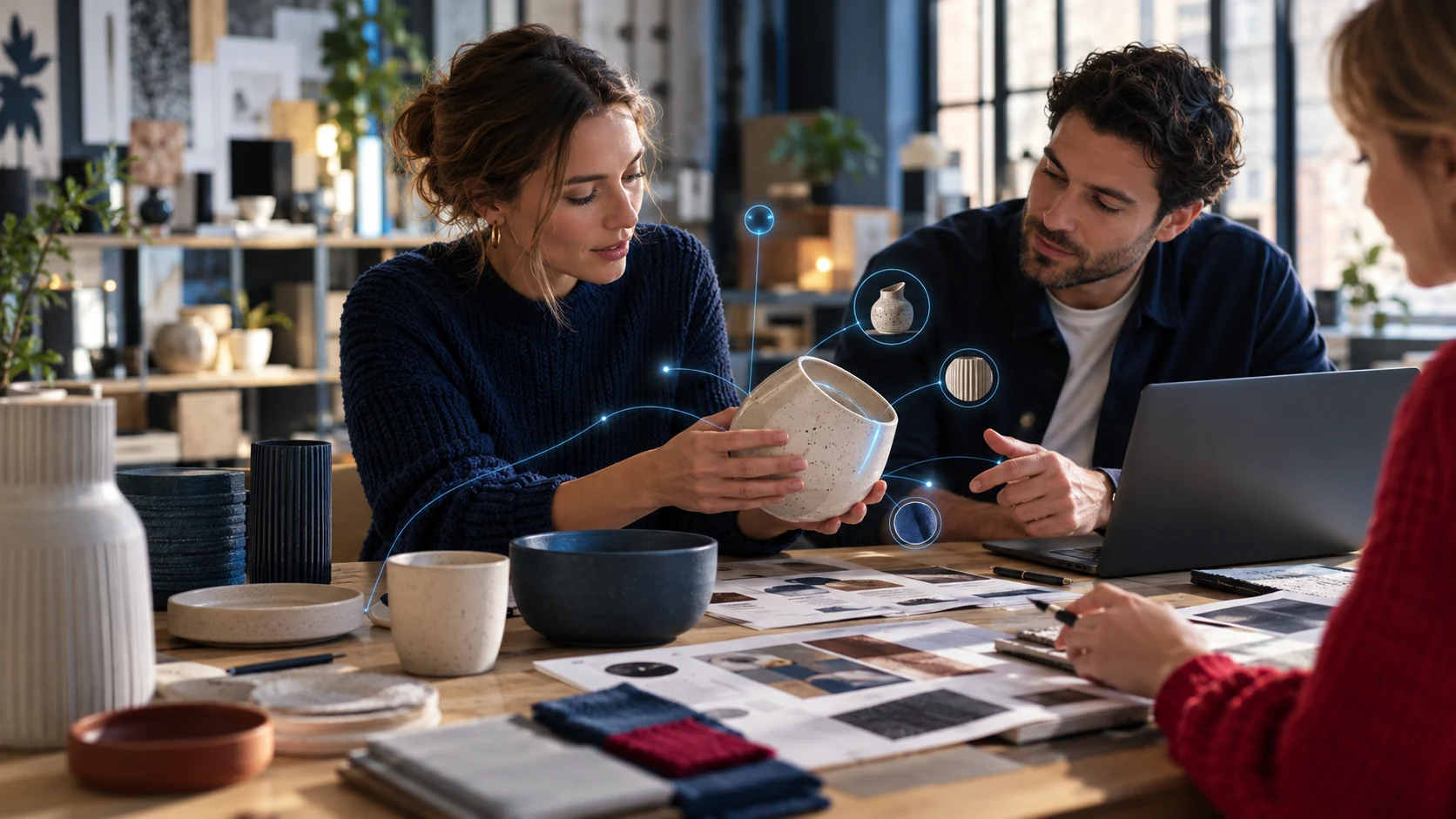 AI-generated illustration of a product team using digital tools in a ceramics studio.