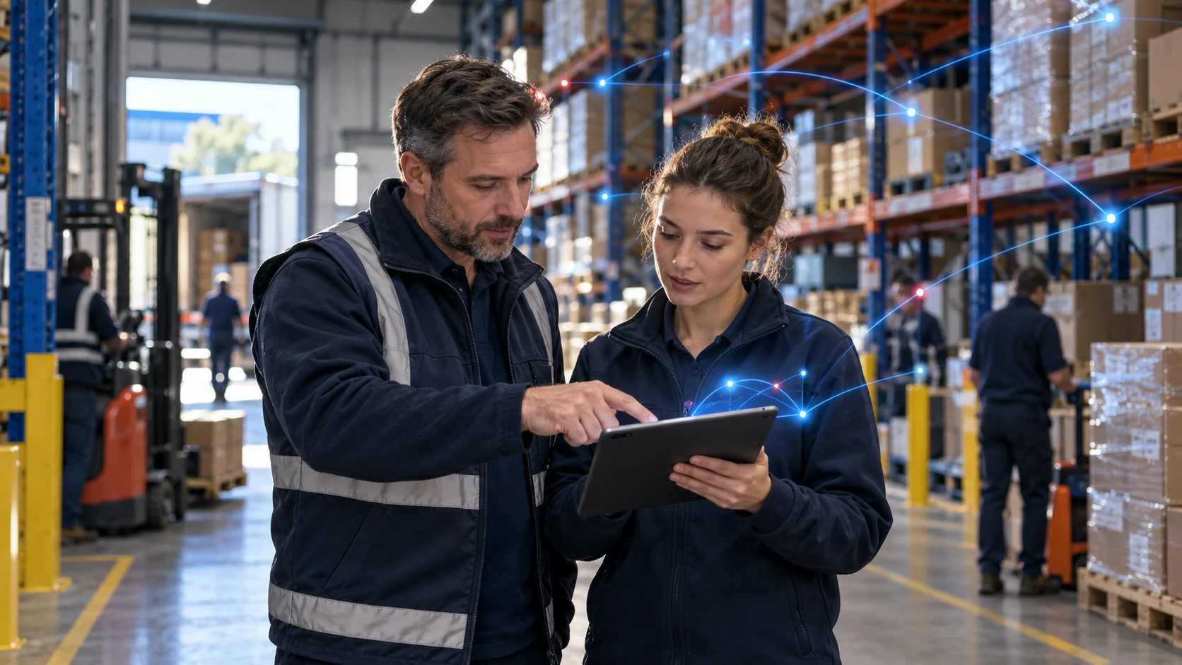 AI-generated illustration of a warehouse team using a tablet to improve operations.